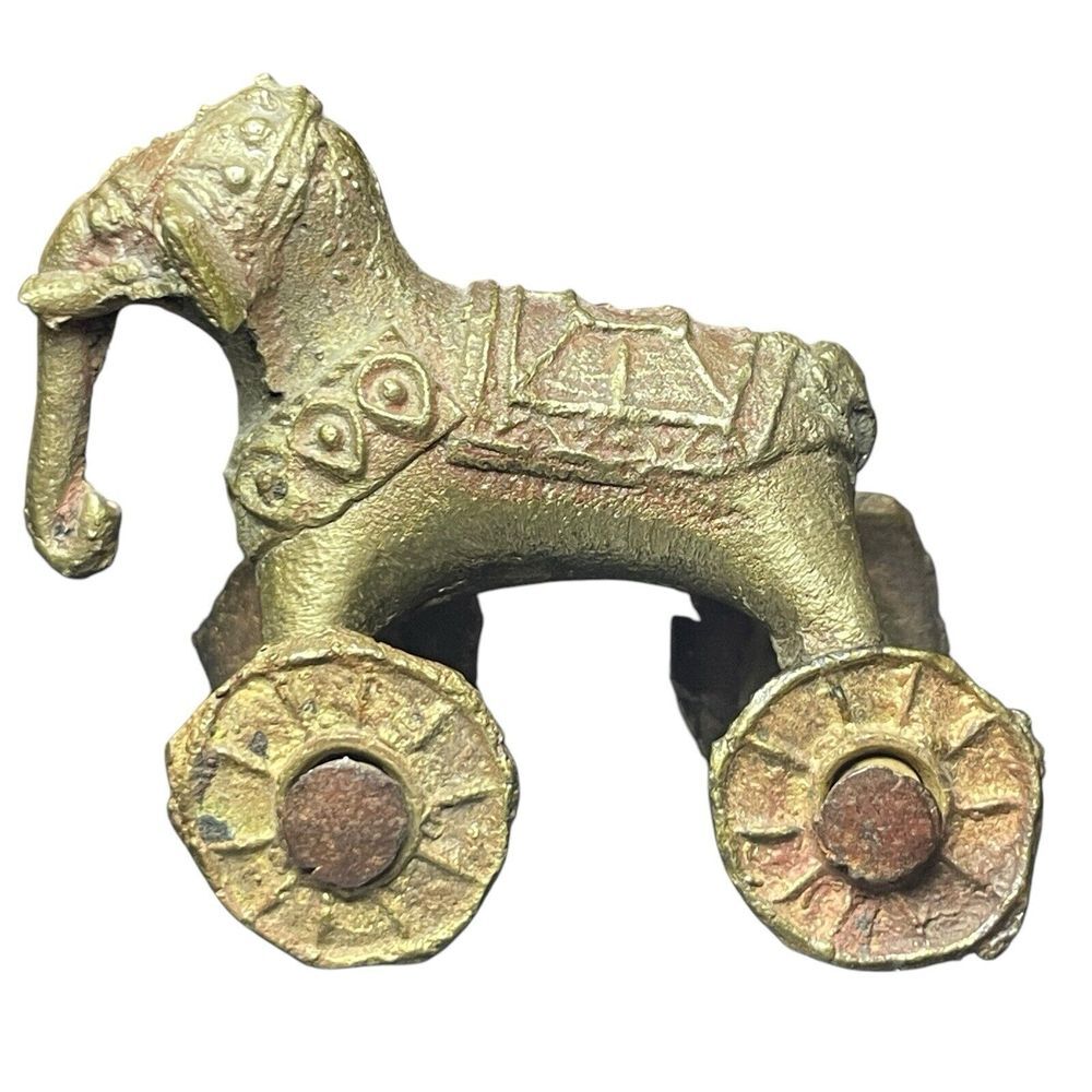 Antique Vintage India Shrine Temple Toy Brass Metal Elephant Rider Wheels Hindu - Picture 9 of 16